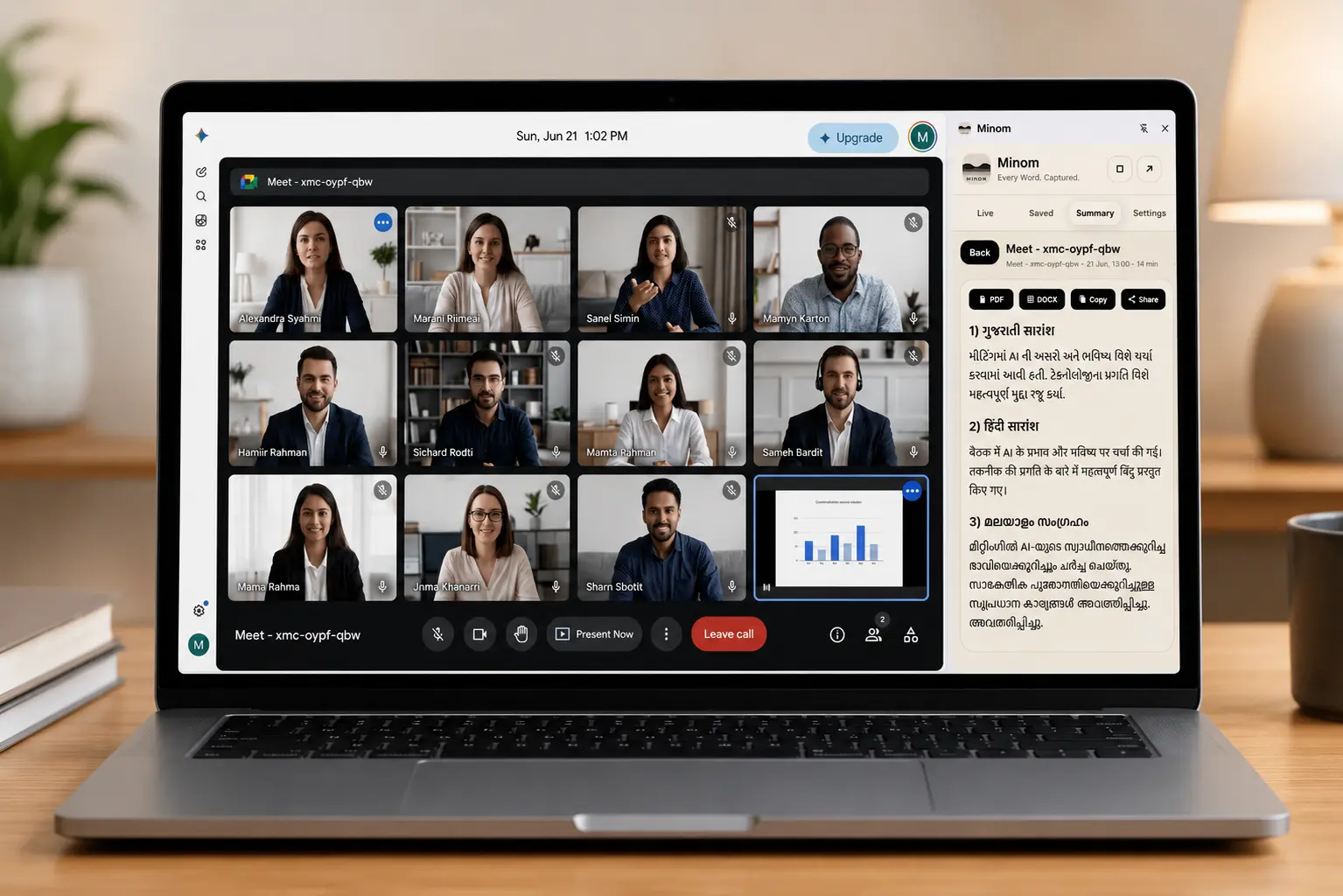 Minom Chrome Plugin meeting summary screen